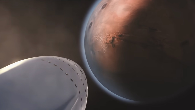 An illustration of a SpaceX Ship approaching Mars.