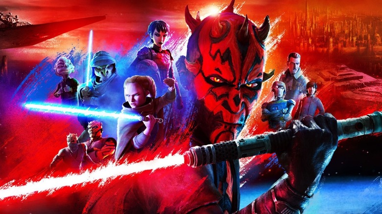 Promo image for Maul: Shadow Lord featuring Darth Maul and the main cast, with the series locations in the background.