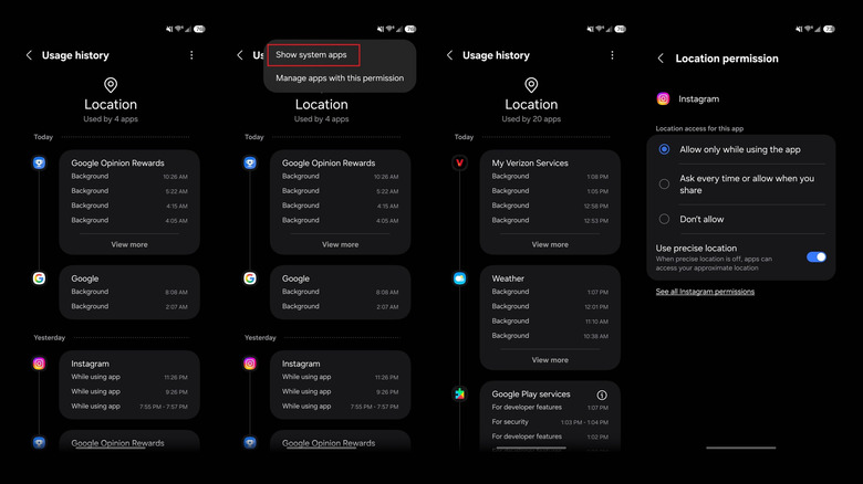 Samsung Galaxy Location tracking permissions menus.