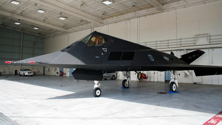 F-117 Nighthawk jet in an Air Force hanger