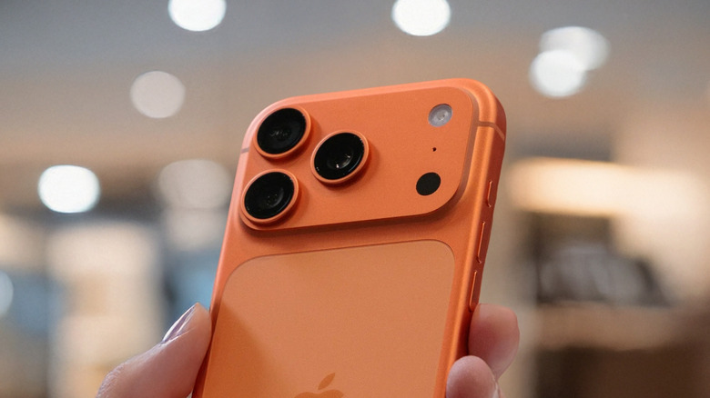 A hand holding an iPhone 17 Pro showing the black dot on the camera module.