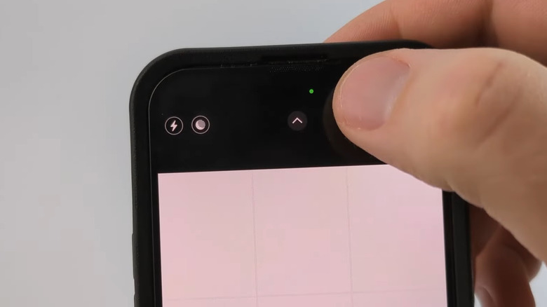 A person using an iPhone that's displaying the green dot at the top of the screen.