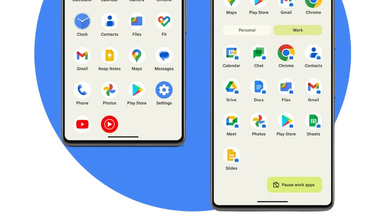 Phone showing Work Profile apps and pause button