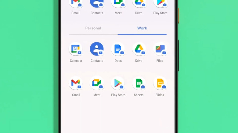 Android phone showing apps with briefcase icon