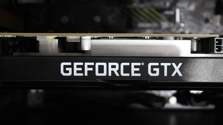 Close up of the GeForce GTX logo on the side of a graphics card.
