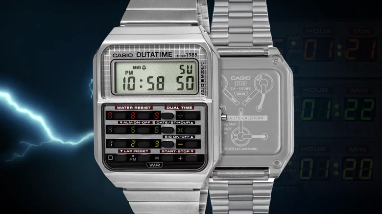 The display of a silver Casio calculator watch with the rear of the watch visible beside it.