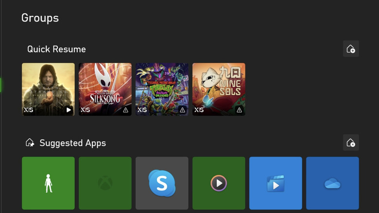 The Quick Resume group on an Xbox