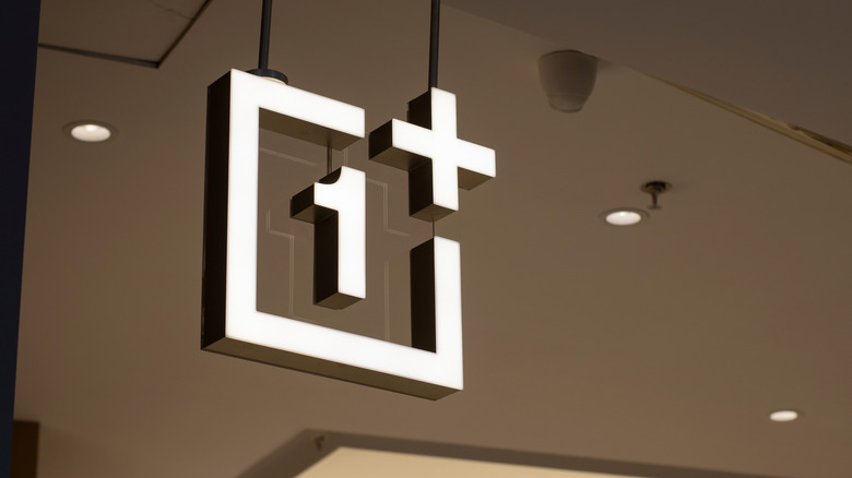 The OnePlus trademark logo in a store in China