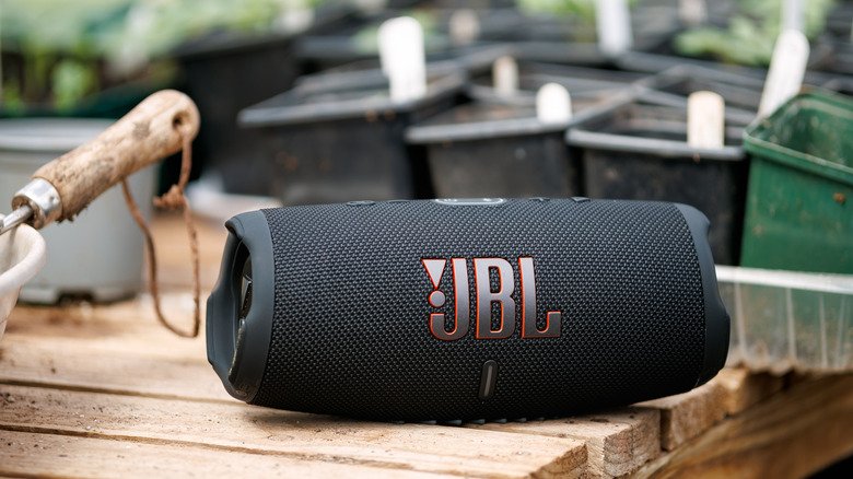 A JBL portable Bluetooth speaker in an outdoor setting.