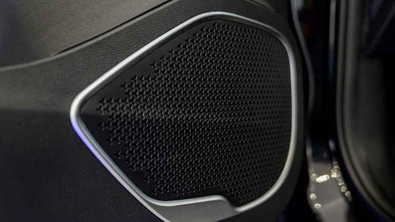 The plastic grille of a single door-set car speaker.