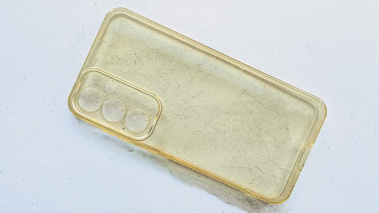 A closeup of a clear phone case that has begun to turn yellow