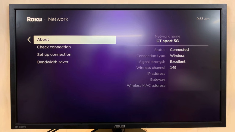 Roku TV showing network details with network name