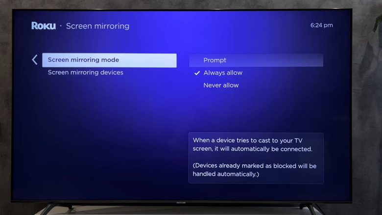 Roku TV showing Screen mirroring mode set to Always allow