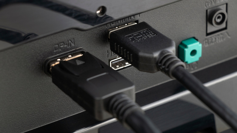 Close up view of a DisplayPort cable connected to a DisplayPort input.