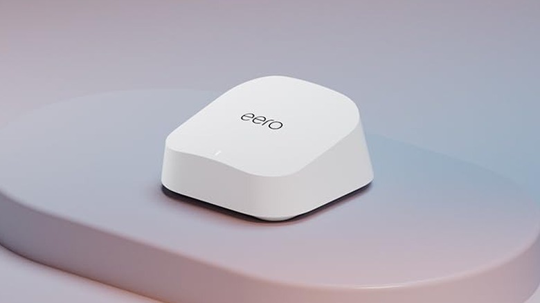Amazon Eero on a small, uplifted stand