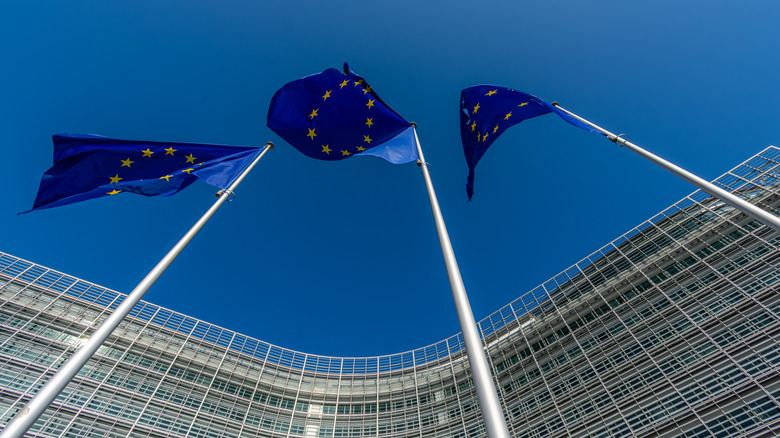 Flags of the European Union outside the European Commission headquarters in Brussels, Belgium.