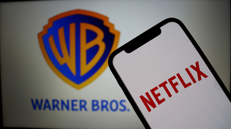 The Warner Bros. logo behind a phone with the Netflix logo.