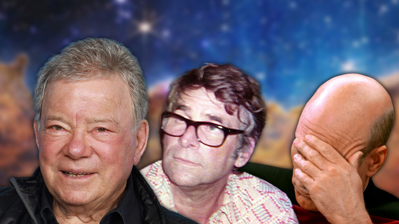 William Shatner, Gene Roddenberry, and Captain Picard facepalming on a generic space background