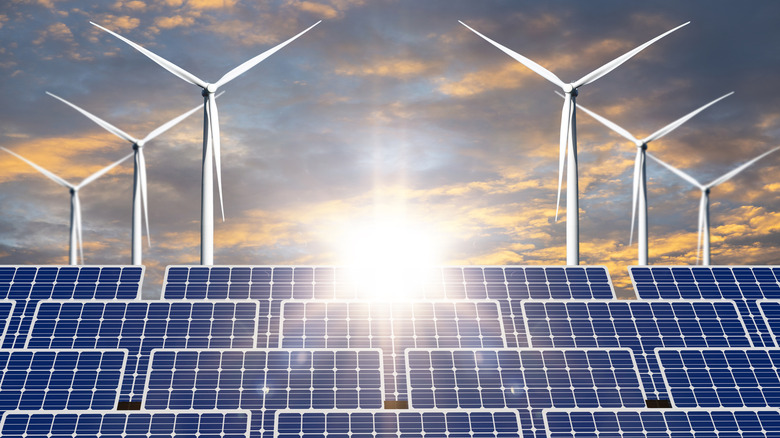 wind turbines and solar panel arrays