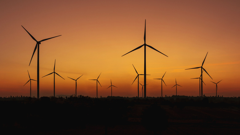 silhouette of wind turbines at sunset