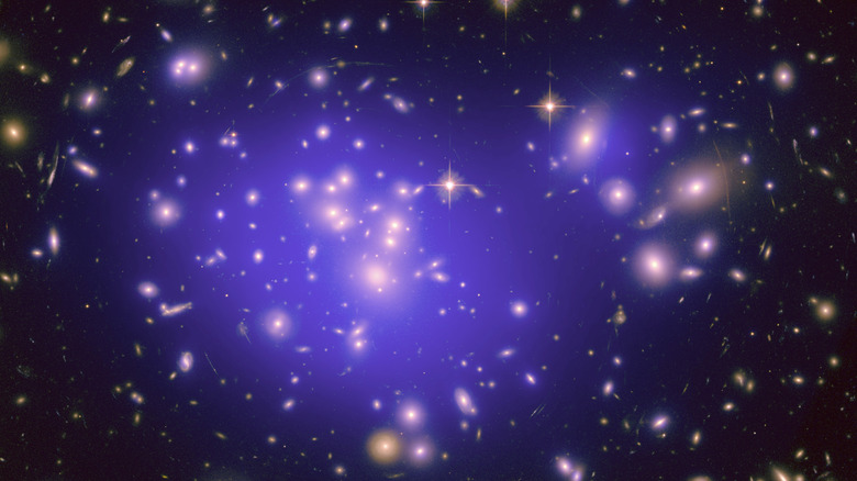galaxy cluster Abell 1689, with the mass distribution of the dark matter in the gravitational lens shown in purple