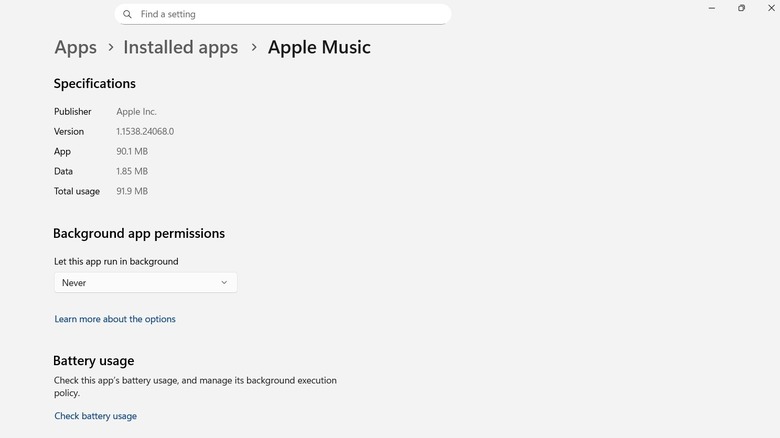 Setting an app to never run in the background on Windows 11.