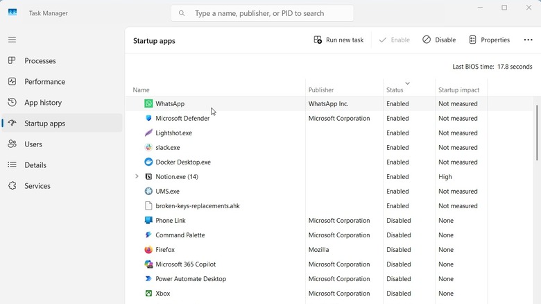 Disabling a Startup app in Task Manager on Windows 11.