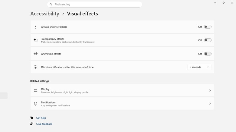 Turning off transparency and animation effects in Windows 11.