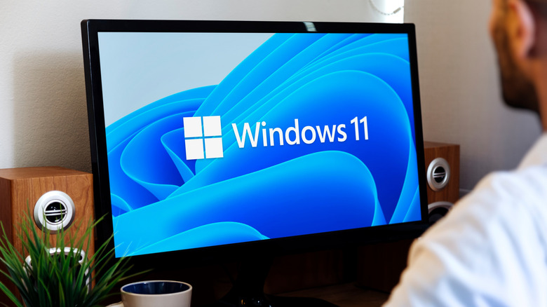 A man sitting in front of a computer monitor that dispalys the Windows 11 logo and splash screen