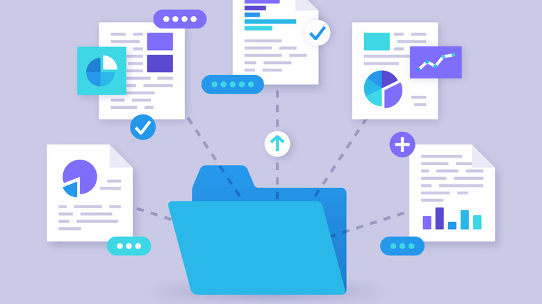 An illustration of a folder with various papers inside to show how a file manager works