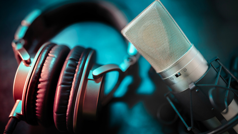 Professional headphones next to a professional vocal microphone.