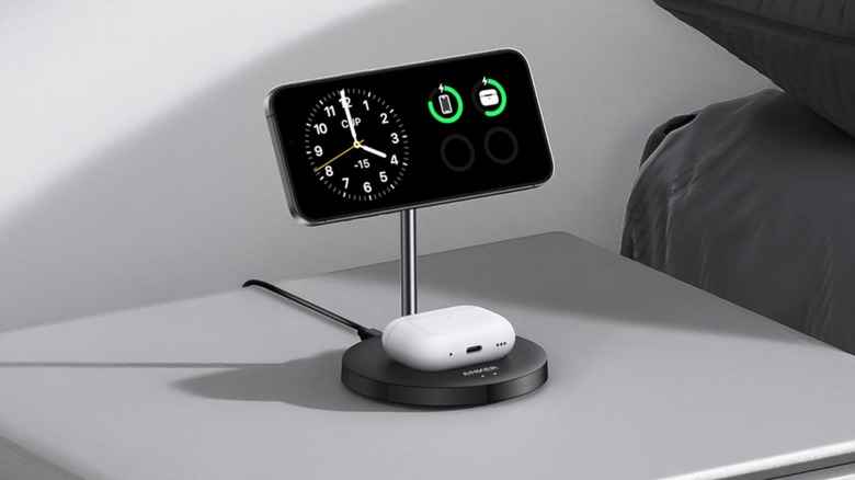 Anker MagGo Wireless Charger on nightstand with phone and airpod case