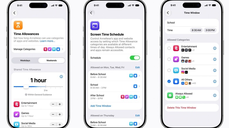 The new Screen Time and Time Allowances parental controls features in iOS 27.