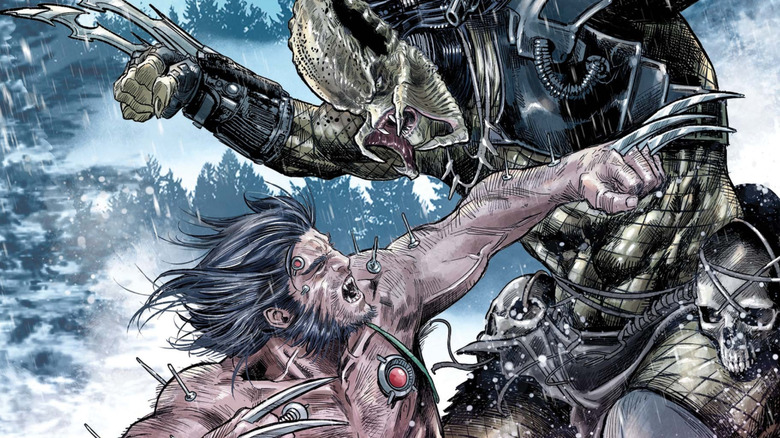 Wolverine fights a Predator in a snowstorm
