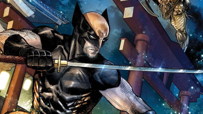 Wolverine holds a sword while fighting a Predator