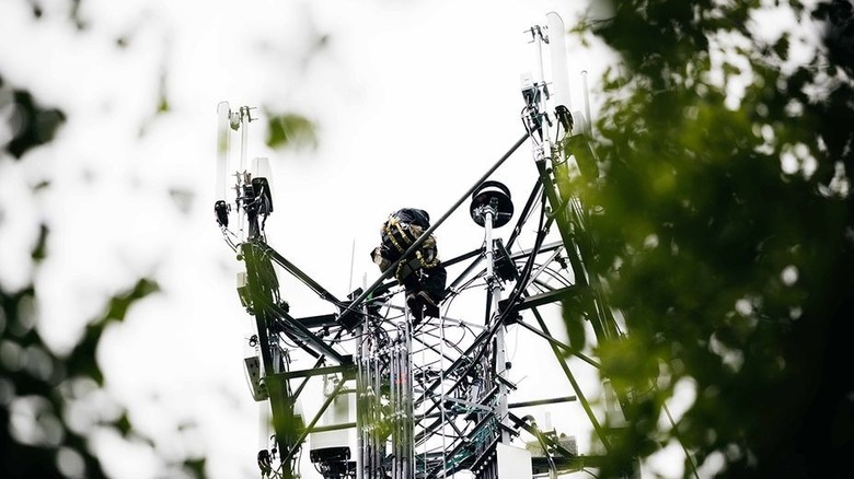 wireless communication tower as seen from the ground