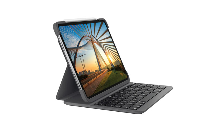 An iPad in the Logitech Slim Folio Pro keyboard case