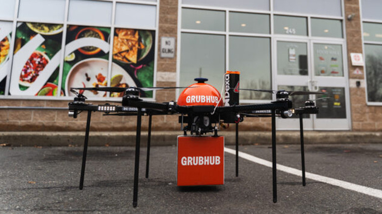 Dexa drone in Wonder parking lot testing Grubhub drone delivery.