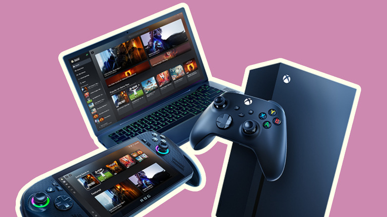 Xbox console, controller, Xbox Ally X, and laptop