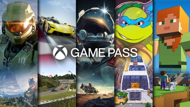 A promo image for the Xbox Game Pass, showing several different video game characters, including those from the 