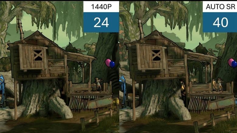Two different playthroughs taken near simultaneously: (left) native 1440p and (right) 720p enhanced with Auto SR. Scene differences are due to the game itself.