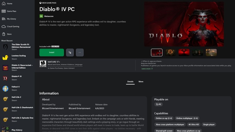 Screenshot of the Diablo IV PC Xbox Store page showcasing Steam games in a users library.