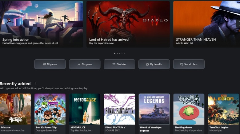 Screenshot of the current Game Pass storefront screen