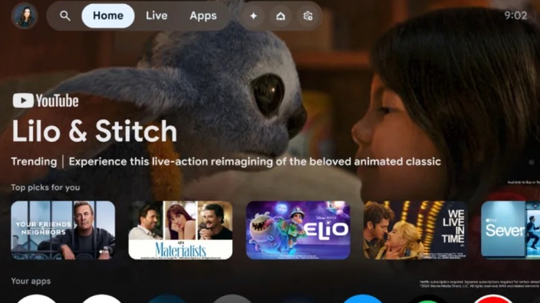 Google TV homepage highlights Lilo & Stitch and other suggestions