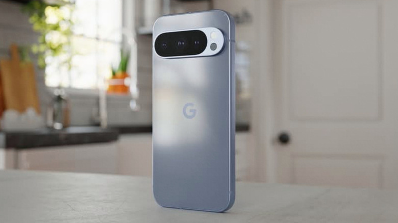 A Google Pixel smartphone on a kitchen counter.