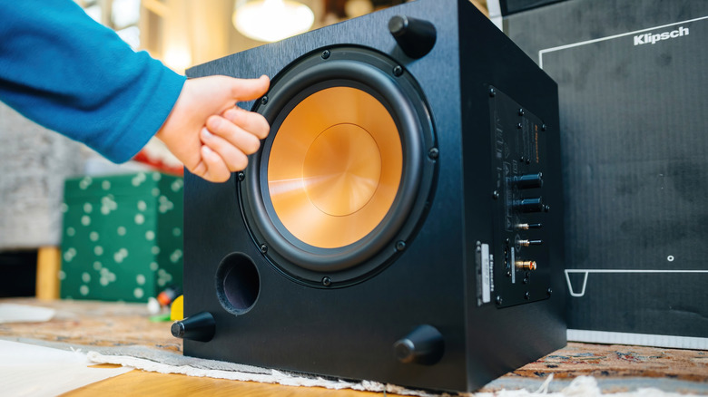 A Klipsch subwoofer, with someone's hand stroking it.