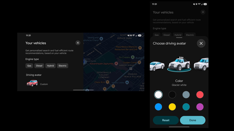 Google Maps vehicle customization menu.