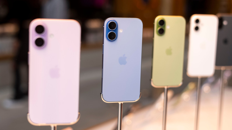 line of iphone devices on stands