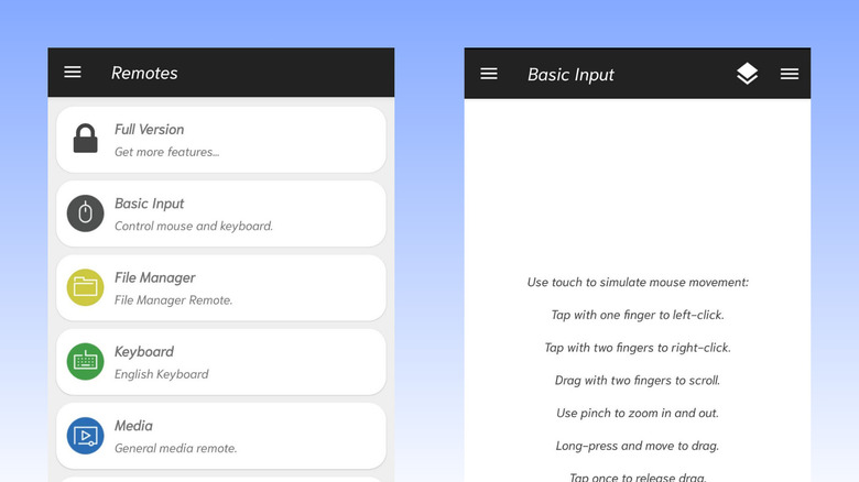 The Unified Remote App is shown with an array of options.