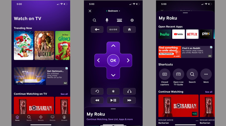 Various screens and menus from the Roku mobile app.